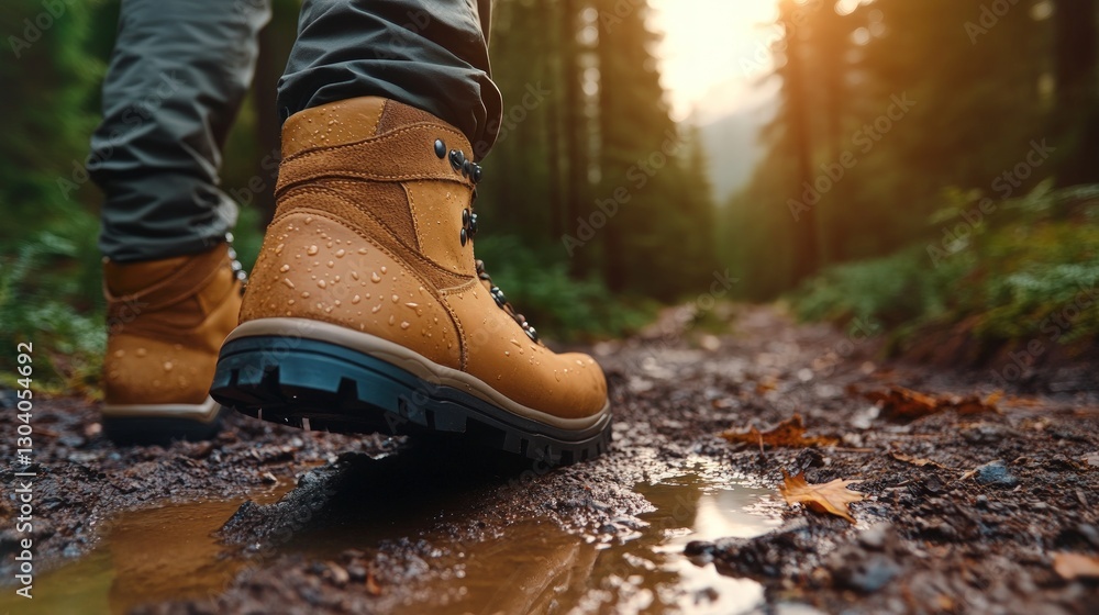Hiking boots in puddle on forest trail Hiking boots in puddle on forest trail