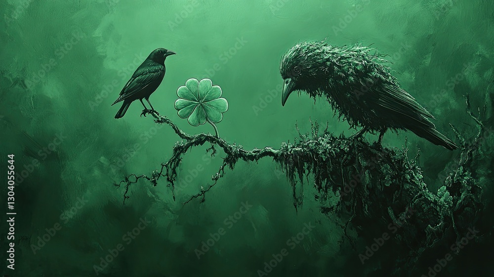 Fototapeta premium Dark forest crows with shamrock, mystical scene