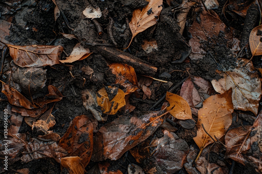 Autumn Leaves on Wet Ground with Dark Soil Background Autumn Leaves on Wet Ground with Dark Soil Background