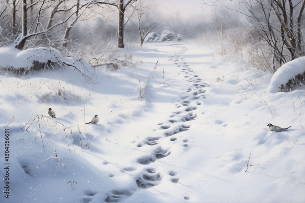 Bird footprints in the dense snow on the ground generative ai Bird footprints in the dense snow on the ground generative ai