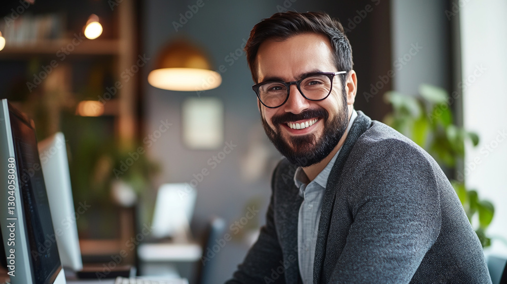 A cheerful professional with glasses seated at a desk, smiling confidently while working on a desktop computer in a modern office environment filled with greenery. A cheerful professional with glasses seated at a desk, smiling confidently while working on a desktop computer in a modern office environment filled with greenery.
