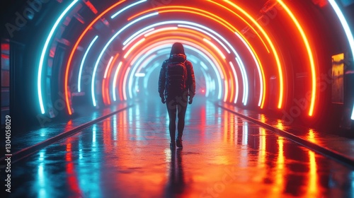 Person walking in neon tunnel, futuristic, reflective floor, interior scene, stock photo