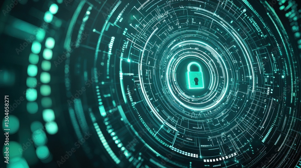 A glowing digital lock symbol surrounded by concentric data patterns, representing cybersecurity and encryption in a futuristic design. A glowing digital lock symbol surrounded by concentric data patterns, representing cybersecurity and encryption in a futuristic design.