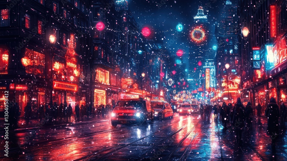 Snowy city street, Christmas lights, night, festive crowd, holiday card Snowy city street, Christmas lights, night, festive crowd, holiday card