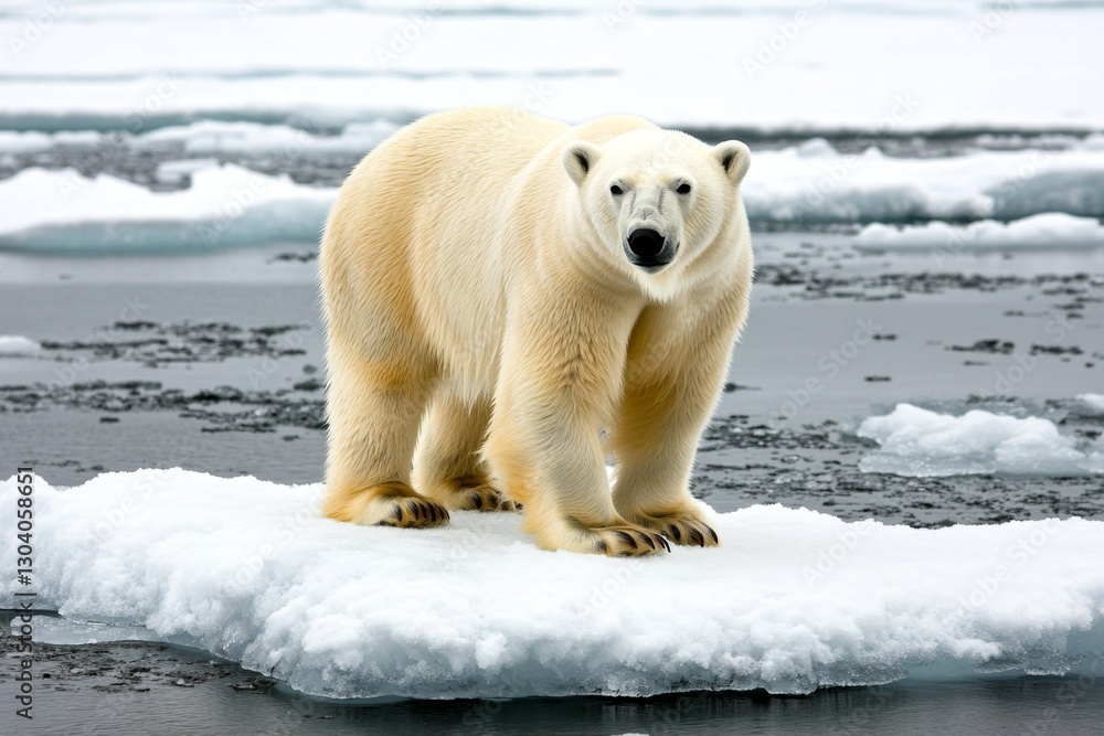 Fototapeta premium A polar bear walking on polluted ice, surrounded by blackened snow due to oil spills