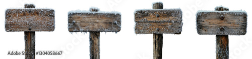 Old rustic frost‑covered wooden sign boards isolated on white background, empty winter signage template for text, trail direction, or Christmas countryside design