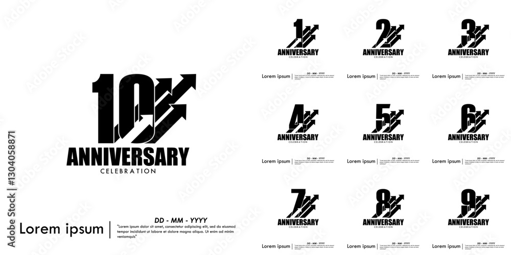 Set of 1-10th years anniversary celebration emblem. anniversary logo isolated with arrow line growth up to target on white background. vector illustration template design
Set of 1-10th years anniversary celebration emblem. anniversary logo isolated with arrow line growth up to target on white background. vector illustration template design