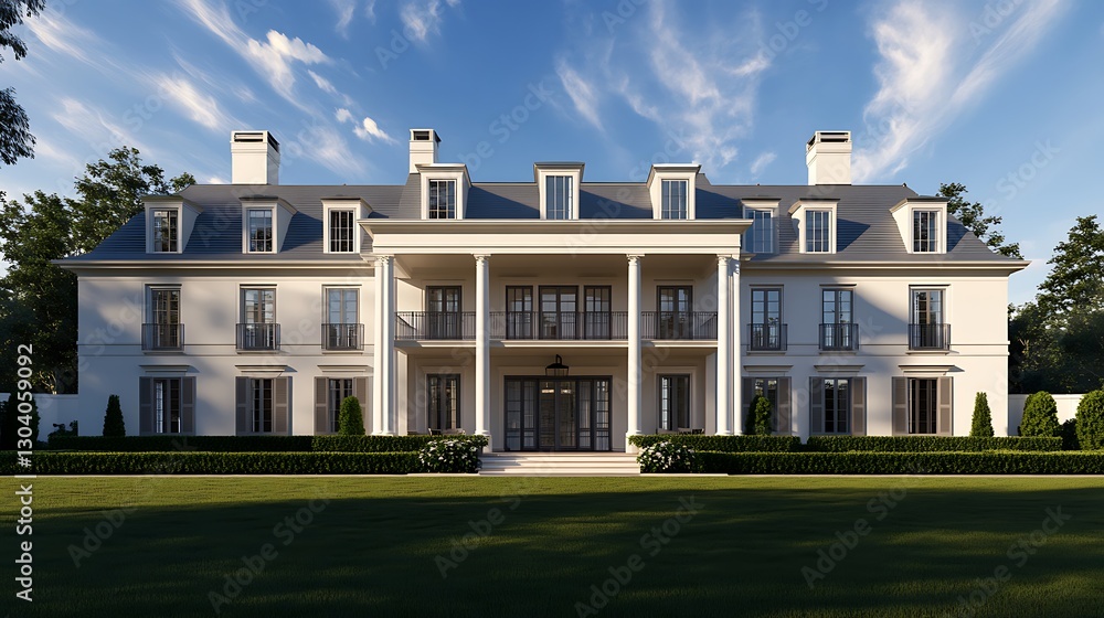 Fototapeta premium Elegant Hamptons-style mansion with symmetrical architecture and lush estate in a serene coastal setting