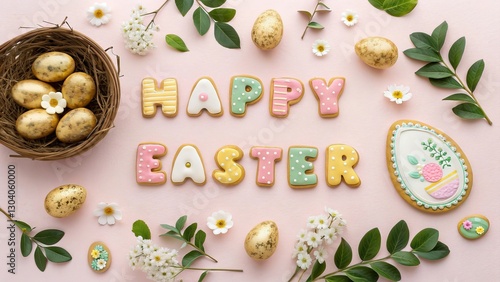 Colorful Happy Easter Cookies and Decorated Eggs with Spring Flowers.