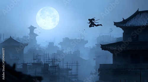Wallpaper Mural A ninja silhouette leaping gracefully between rooftops during a suspenseful moonlit chase across the city skyline creating a dramatic and atmospheric scene of action and adventure Torontodigital.ca