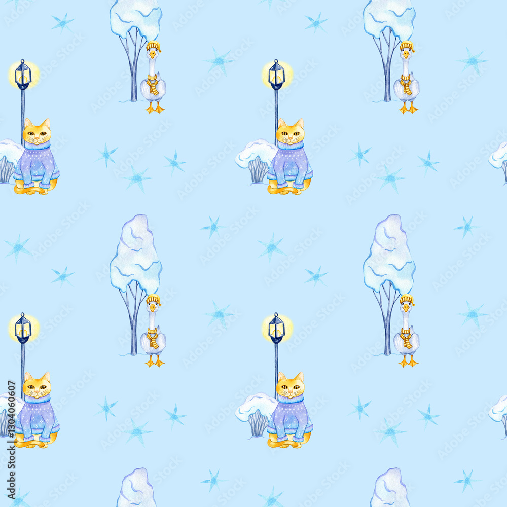 Fototapeta premium Watercolor seamless pattern: cat, goose, snowflake, tree, snow, lanterns. Art.Cozy winter hand drawn illustration for design wrapping, textile, card, print, fabric, Christmas decoration, digital paper