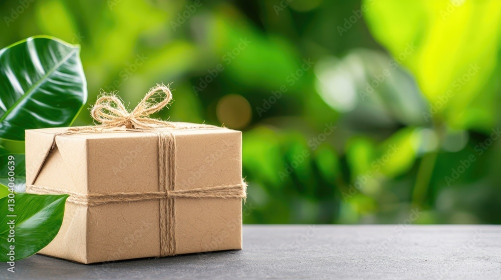 A beautifully wrapped parcel sits on a wooden table amidst lush greenery, symbolizing thoughtful gifting and connection to nature, perfect for showcasing eco-friendly packaging ideas.