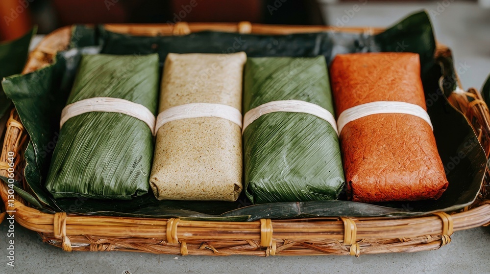 A beautifully arranged selection of traditional rice dumplings wrapped in colorful leaves, showcasing vibrant hues of green, red, and cream, perfect for cultural celebrations or festive occasions.