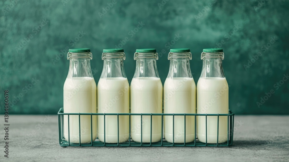 A charming display of five glass bottles filled with fresh milk, arranged in a wire rack against a textured green backdrop, perfect for conveying themes of freshness and simplicity in food photography