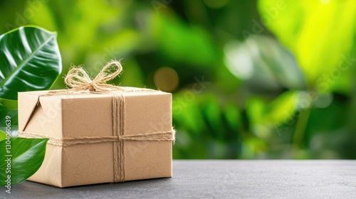 Obraz na płótnie A beautifully wrapped parcel sits on a wooden table amidst lush greenery, symbolizing thoughtful gifting and connection to nature, perfect for showcasing eco-friendly packaging ideas. w salonie
