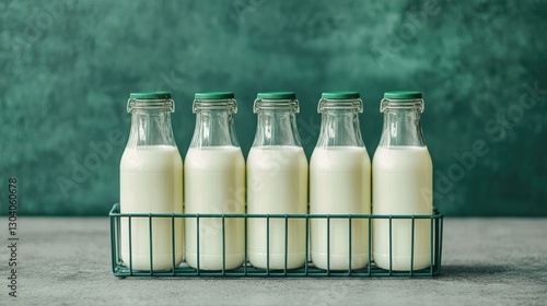 Obraz na płótnie A charming display of five glass bottles filled with fresh milk, arranged in a wire rack against a textured green backdrop, perfect for conveying themes of freshness and simplicity in food photography w salonie