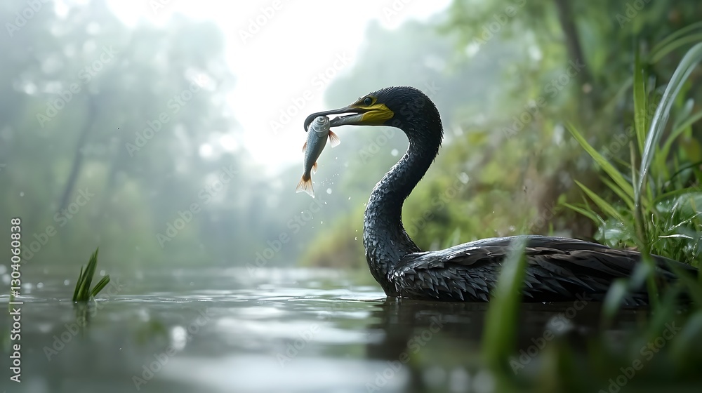A photograph of a cormorant surfacing from a deep dive its beak grasping a wriggling fish its wet feathers glistening as it breaks the water s surface A photograph of a cormorant surfacing from a deep dive its beak grasping a wriggling fish its wet feathers glistening as it breaks the water s surface