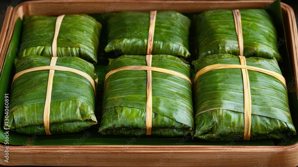 Deliciously wrapped traditional Asian rice cakes in green leaves, displayed neatly in a bamboo box, perfect for celebrations, festivals, or cultural culinary experiences.