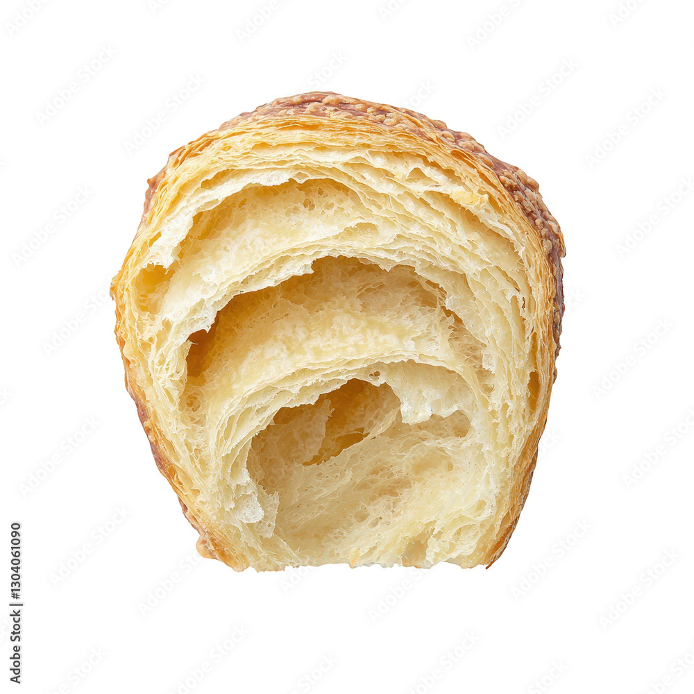 A cross-section of a flaky pastry reveals its layered, airy texture and golden-brown crust, Transparent background. A cross-section of a flaky pastry reveals its layered, airy texture and golden-brown crust, Transparent background.