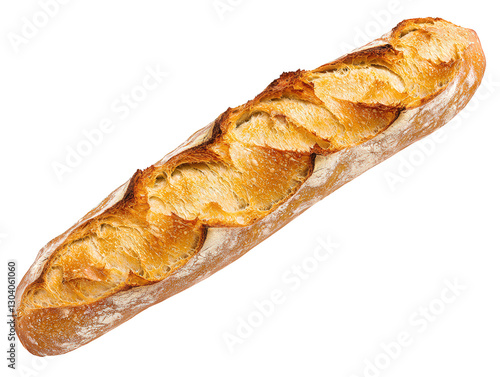 A long, crusty baguette with a golden-brown exterior and a soft interior, showcasing a beautifully patterned surface, Transparent background.