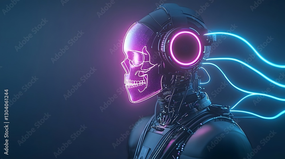 Fototapeta premium A sleek cybernetic figure with an iridescent skull and glowing neon pathways in magenta and blue set against a dark background with ultra detailed cinematic lighting