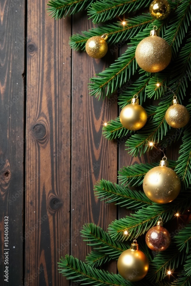Festive Golden Ornaments and Evergreen Branches on Dark Wood Background for a Seasonal Celebration Festive Golden Ornaments and Evergreen Branches on Dark Wood Background for a Seasonal Celebration