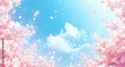 Cherry blossoms in full bloom under the blue sky