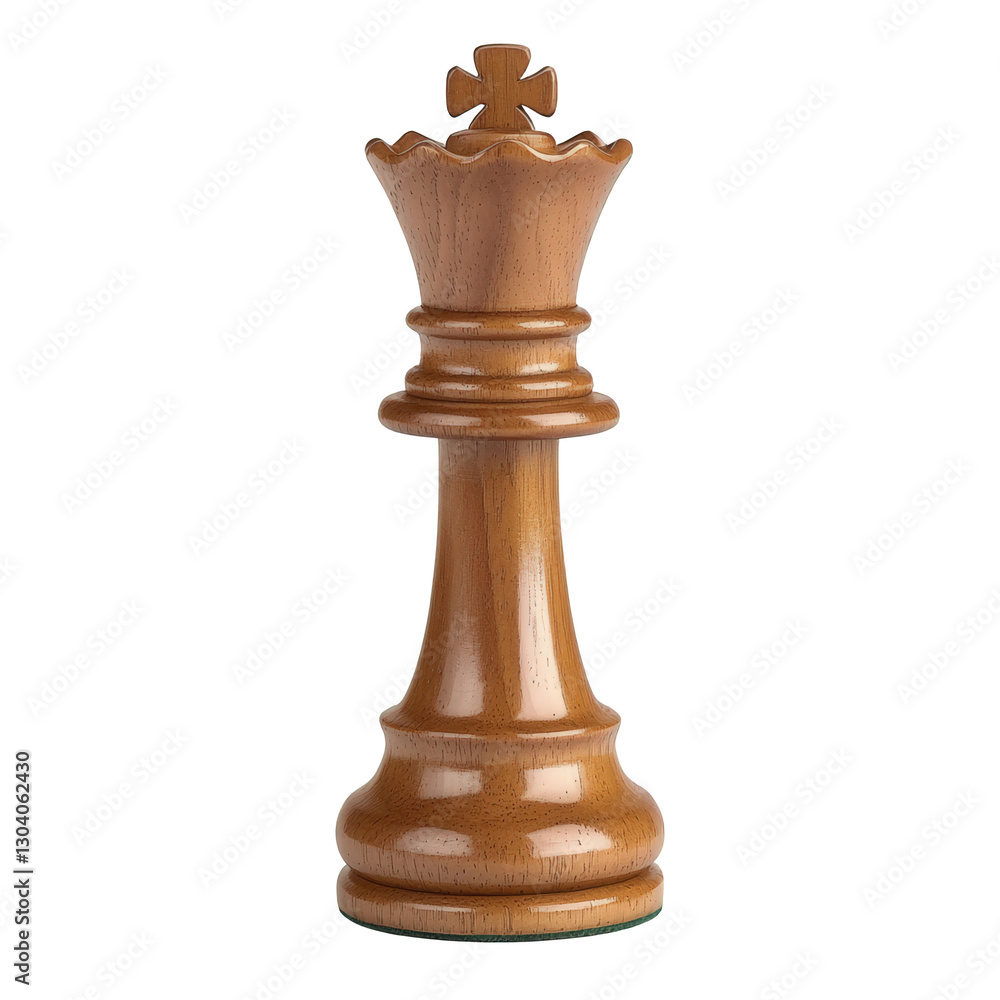 A wooden chess king piece with a polished finish and a decorative crown, Transparent background.
