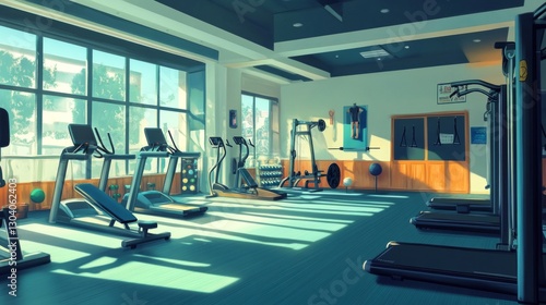 create a gym digital art storyboard with 4 angle of the gym in artistic anime cenematic style