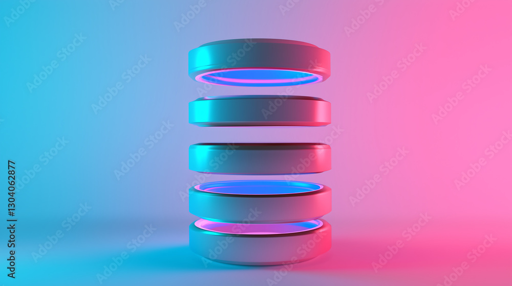 Neon Pink Blue Cylinders Abstract 3D Render Stacked Rings Neon Pink Blue Cylinders Abstract 3D Render Stacked Rings