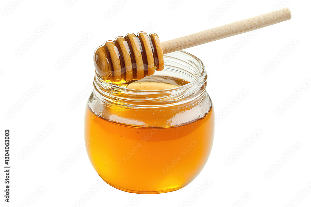A glass jar filled with golden honey and a wooden dipper resting atop, Transparent background. A glass jar filled with golden honey and a wooden dipper resting atop, Transparent background.