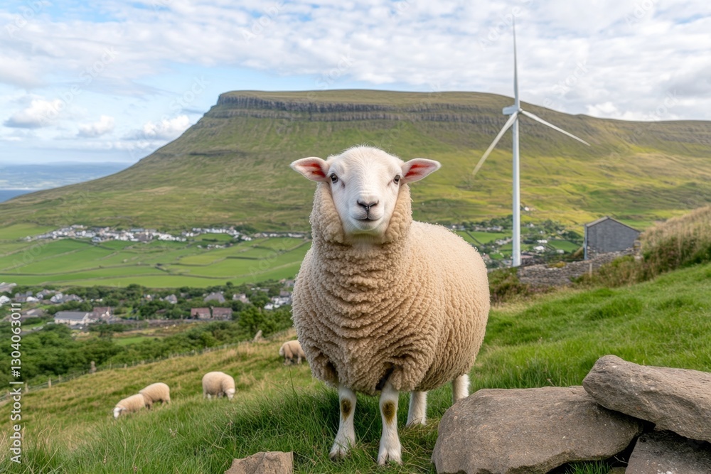 Fototapeta premium A single wind turbine standing tall in a green field, with sheep grazing below