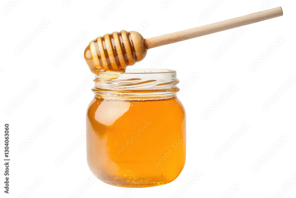 A glass jar filled with golden honey and a wooden honey dipper resting on the rim, Transparent background. A glass jar filled with golden honey and a wooden honey dipper resting on the rim, Transparent background.