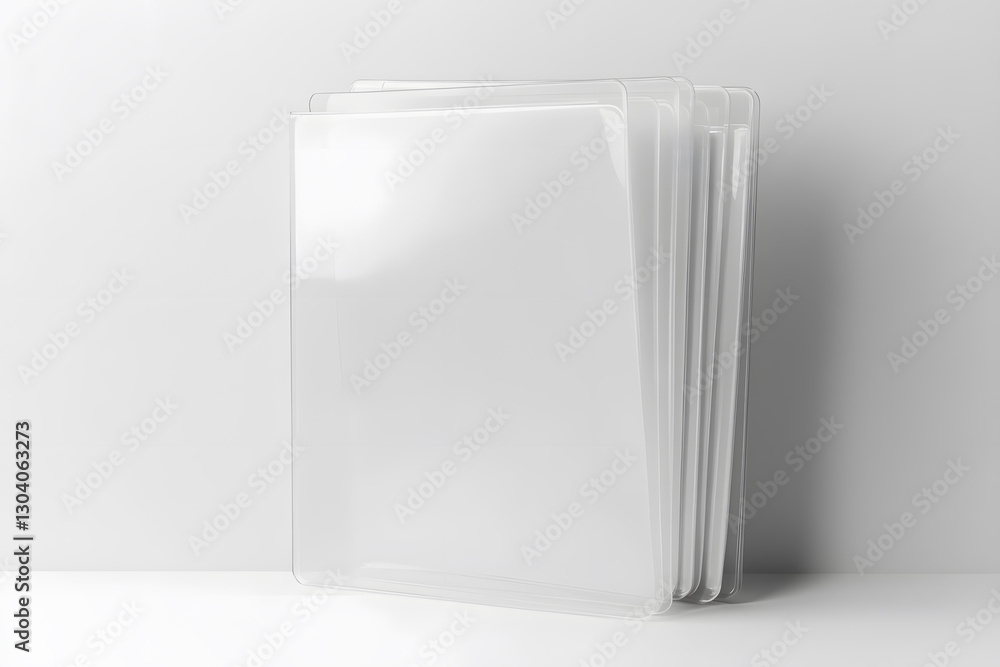 Minimalist light white of transparent white file folder designed for office documents placed on white background. Clear L-type plastic folders. Emphasizing simplicity and functionality. Copy space. Minimalist light white of transparent white file folder designed for office documents placed on white background. Clear L-type plastic folders. Emphasizing simplicity and functionality. Copy space.