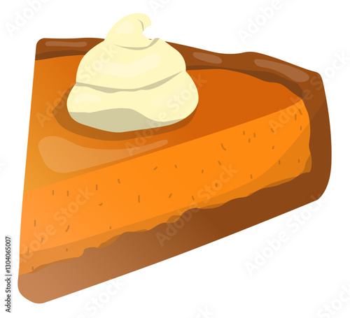 Delicious homemade pumpkin pie with shortcrust pastry and decorated with cream swirl. Vector illustration for poster, greeting card or invitation, labels or tags