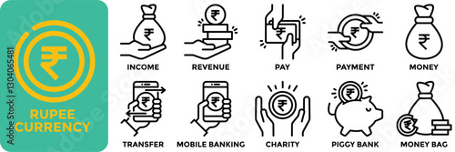 Rupee currency icon collection set.Containing income, revenue, pay, payment, money, transfer, mobile banking, charity, piggy bank and money bag icon.Simple line vector illustration.