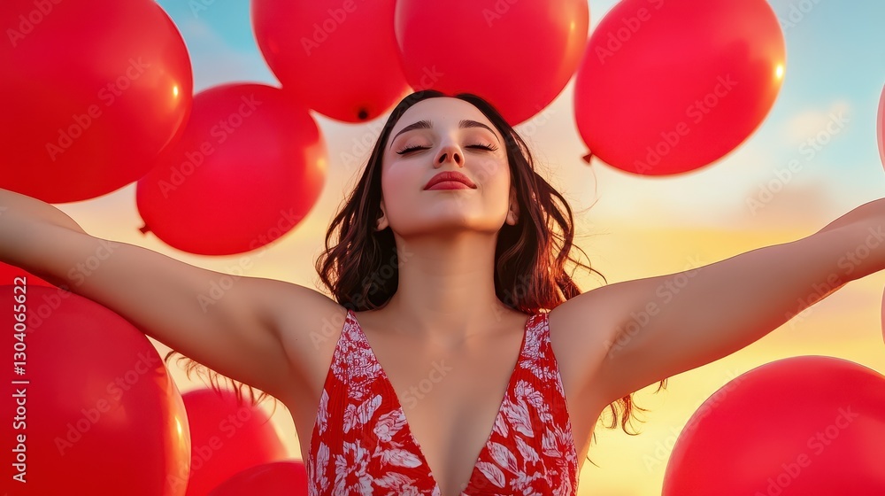 Joyful Woman Surrounded by Red Balloons at Sunset Joyful Woman Surrounded by Red Balloons at Sunset