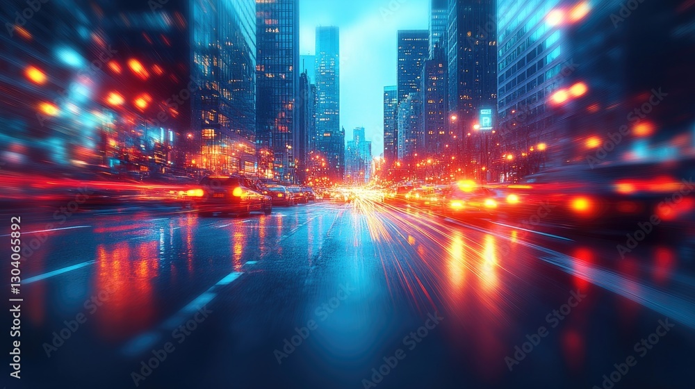 Night city street motion blur; traffic; rain; urban scene; photorealistic; stock photo Night city street motion blur; traffic; rain; urban scene; photorealistic; stock photo