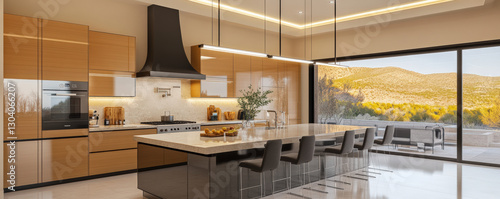 Wallpaper Mural Warm and modern kitchen featuring natural wood cabinetry, sleek countertops, and spacious island. large windows offer stunning views of surrounding landscape, creating bright and inviting Torontodigital.ca