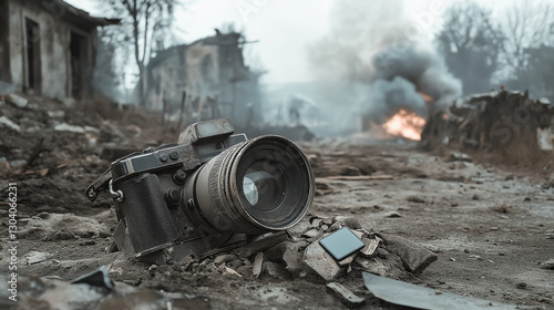 A war photographer's camera shattered on the ground, memory card glowing, smoke rising from a bombed village