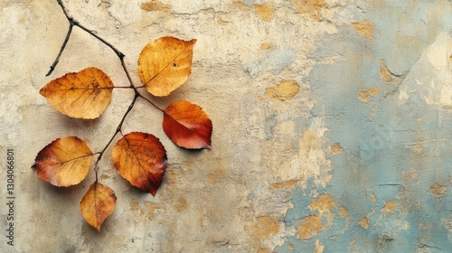 Autumn leaves on textured wall; fall background