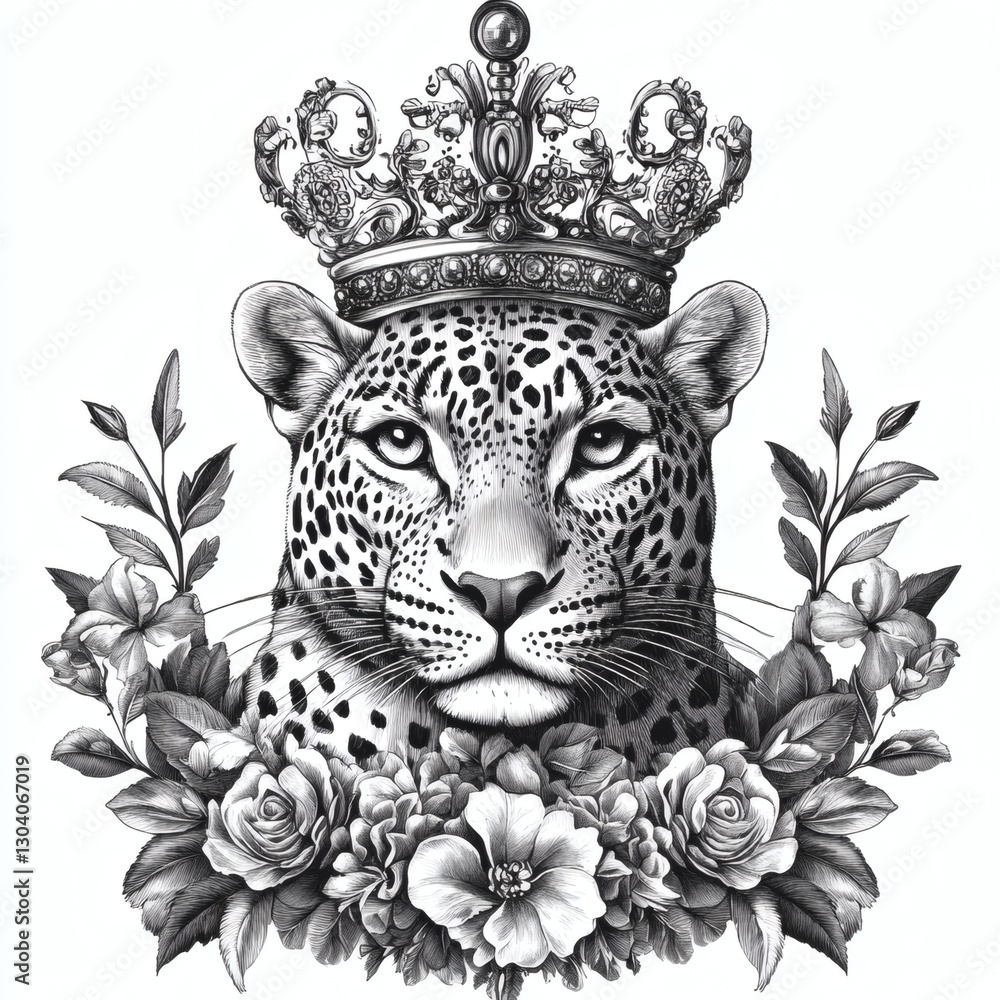 Fototapeta premium Tiger with crown and floral wreath in engraving or woodcut style