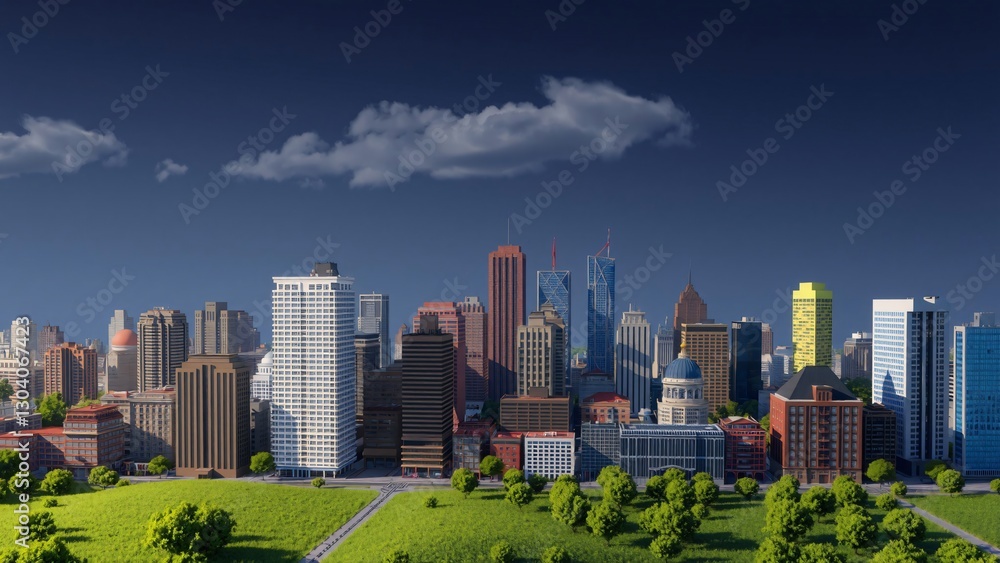 Fototapeta premium Idyllic Cityscape Modern Metropolis Skyline with Lush Green Park