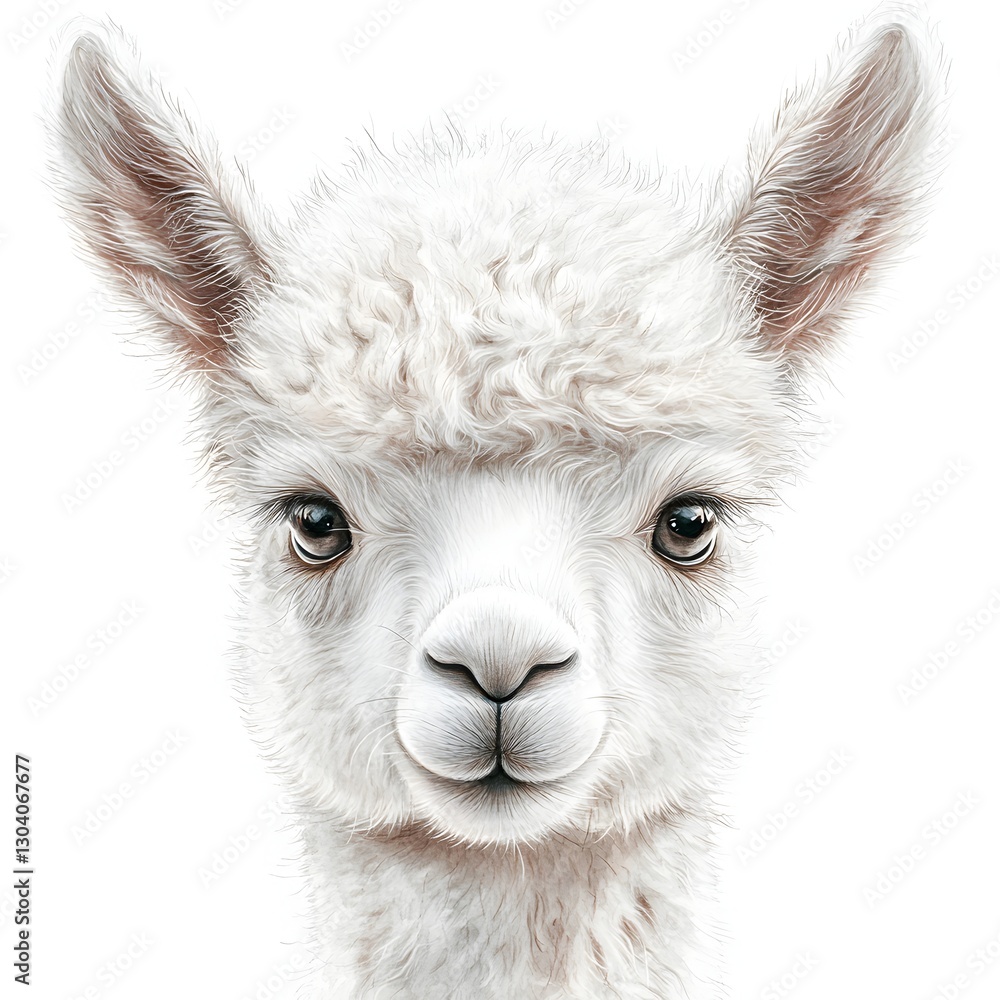 Obraz premium Adorable white llama with distinct brown nose and brown eyes posing against white background