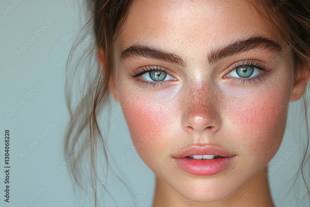 A close-up portrait of a young woman with striking blue eyes, natural makeup, and a fresh, radiant complexion, showcasing beauty and confidence. A close-up portrait of a young woman with striking blue eyes, natural makeup, and a fresh, radiant complexion, showcasing beauty and confidence.