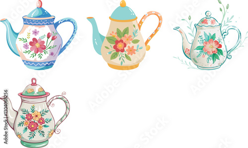 Vintage teapot with floral pattern watercolor design vector set 