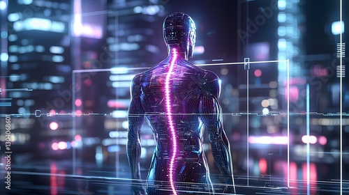 Futuristic iridescent humanoid figure with pulsating neon veins standing in a dark detailed city landscape  Technological sci fi and surreal digital render showcasing the intersection of human and