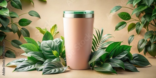 Sepia Vintage Tumbler Photography - 20oz Insulated Cup Macro Shot with Green Leaves photo