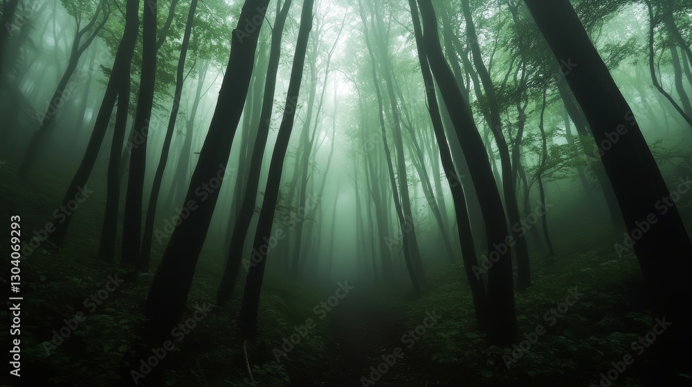 Naklejka premium forest view inside a dark fog. mystical forest