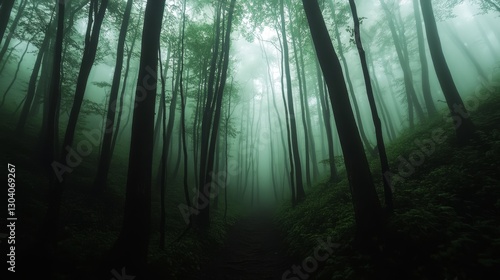 forest view inside a dark fog. mystical forest